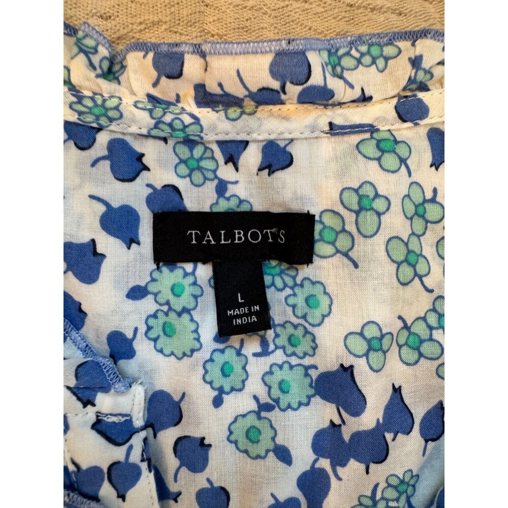 Talbots Lovely Floral Ruffle Top Blue Ditzy Print Large Short Sleeves Popover - Picture 6 of 8